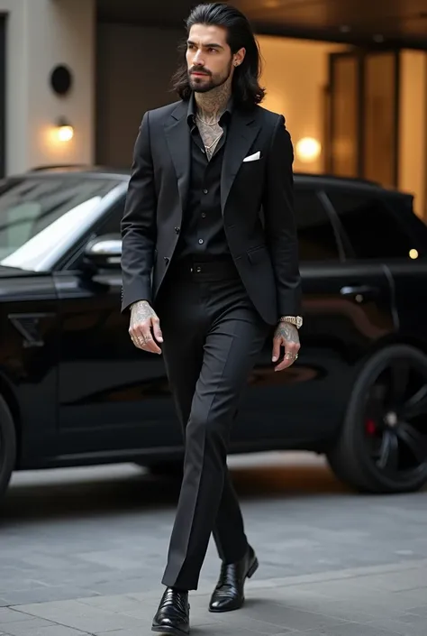 Can you create me an image of a very super handsome celebrity white male who is thirty eight years old, tattoos, long slick back wavy black hair, Armani suit outfit, shoes, male rings, luxury watch, thin necklace, walking out of a luxury store with securit...