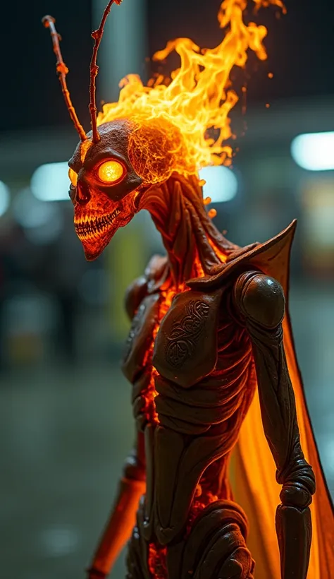 The hybrid is a lean, insectile figure woven together with blazing supernatural elements. Its body fuses the cricket’s delicate, jointed limbs and chitinous exoskeleton with Ghost Rider’s leather and flame motif, resulting in chitin plates that have subtle...