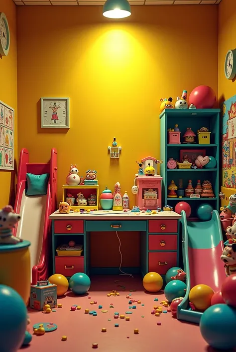 No people, s room, lots of play equipment, colorful desk, color balls, yellow wall, slide, creepy