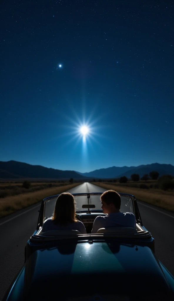 A couple in a vintage car ,  driving down a country road under a dark sky ,  full of stars.  They seem curious and excited ,  with the silhouette of mountains in the background .  A bright and mysterious light appears in the sky ahead, illuminating the sce...