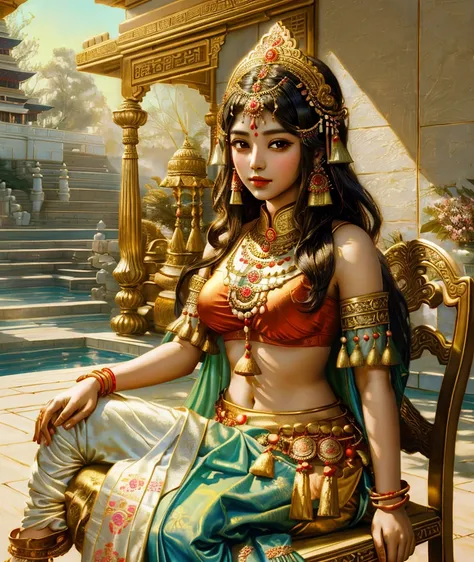   A painting of a woman in saris sitting on a chair,   Traditional Beauty    , portrait of a 美麗goddess, 印度goddess, inspired indian art , 美麗goddess,   Beautiful painting  ,   Beautiful character painting  , goddess的驚人肖像,  pretty girl,     Gorgeous Woman  , ...