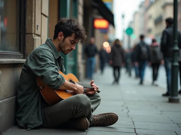 a guy sits on a sidewalk, looking dejected, guitar on his lap.