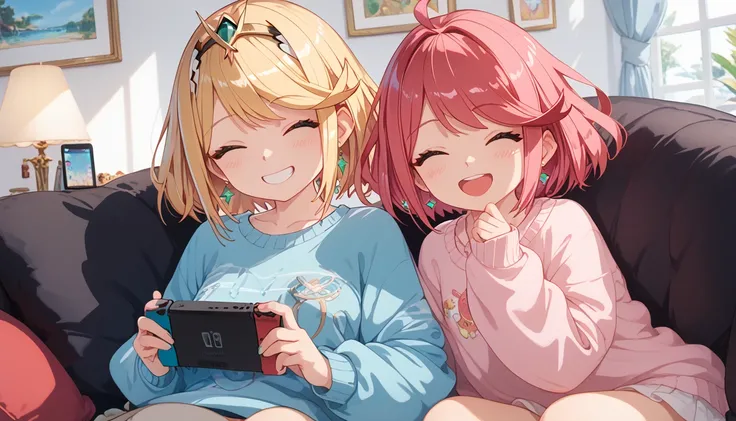 masterpiece, maximum quality, 4k, detailed, sweater,  pyra and mythra, happy, ligth on face, smile, surprised, sittiong on sofa, playing nintendo switch, smile, closed eyes