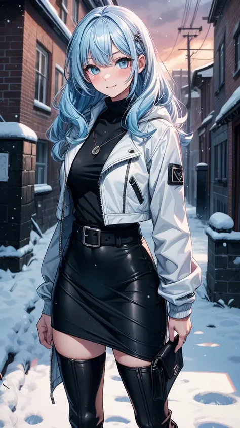 ((masterpiece, best quality:1.3, high detail)), beautiful woman looking at viewer, smile, blush, long wavy hair, (light blue hair), hairpin, bright blue eyes, dark blue, (white coat), (black maxi pencil skirt), ((long black skirt)), belt, knee boots, colla...