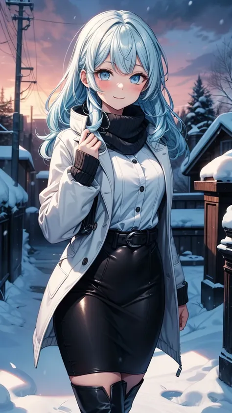 ((masterpiece, best quality:1.3, high detail)), beautiful woman looking at viewer, smile, blush, long wavy hair, (light blue hair), hairpin, bright blue eyes, dark blue, (white coat), (black maxi pencil skirt), ((long black skirt)), belt, knee boots, colla...