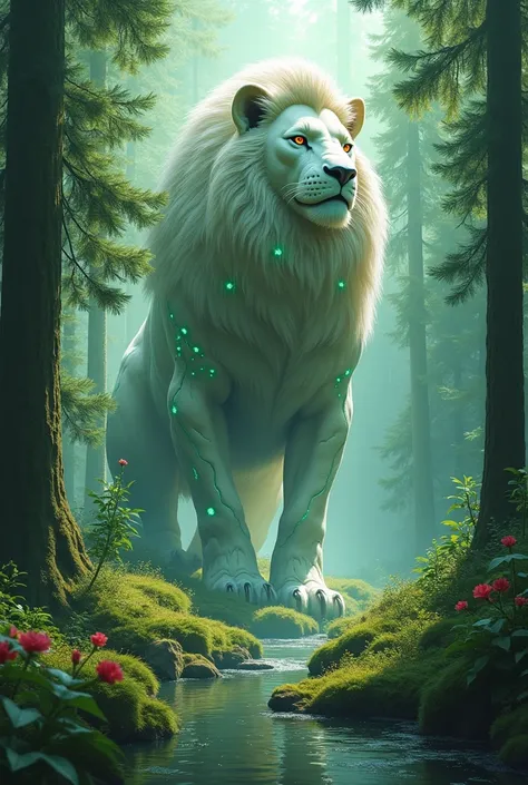  Amazing fantasy forest with tall green trees ,  including spruce and pine trees ,  surrounded by lush foliage .  A small river with clear water flowing through vivid scenery . Towering over the landscape , there is a giant lion monster whose height exceed...