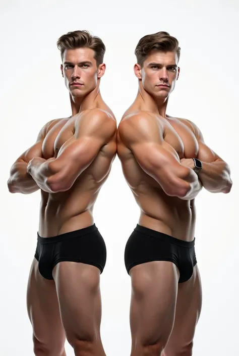 two men, fair skin, brothers, golden eyes, brown hair, dressed with black underpants, entire body, strong man, white background, portrait