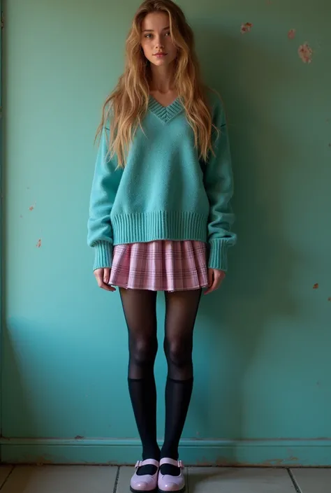 ( highest image quality taken by Ki）,（background）,(beautiful  8K、 real image:1.3), (sexy:1.3),( real skin texture deep into the night:1.3), ( Film Grain:1.3),
( turquoise sweater with teal v-neck detail )、(pink plaid pleated skirt )、( Black lightweight tig...