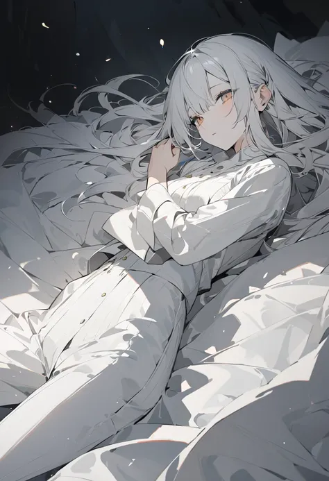 Girl wearing thin white pants, light yellowish-white hair lying on a bed of black linen