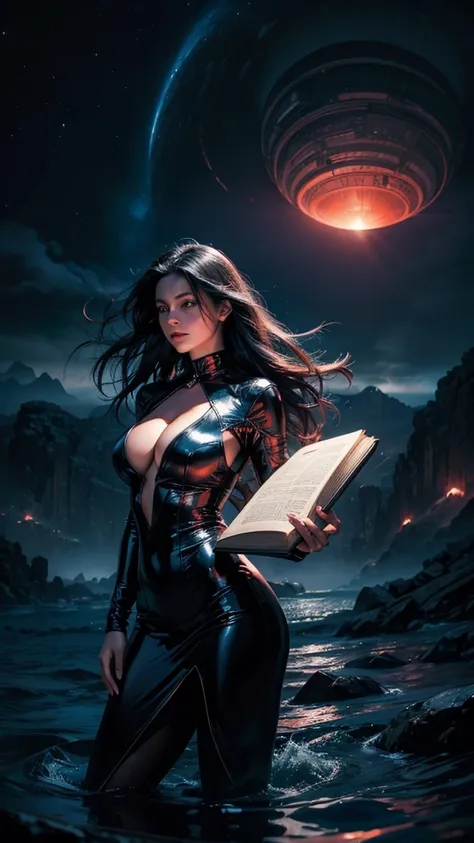  a super sexy ghost lady with a big book in a smoke who is seeing a stunning red-blue mountains and wild, rounded biggest building world and sea in a black hole, standing at a top place, at night time, stunning photo, realistic cinematic style, 4k ultra HD...