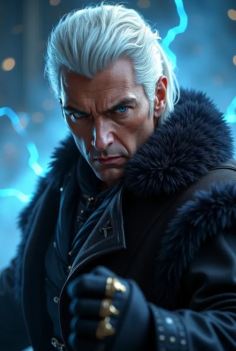 zorro ,  with angry gesture , white hair ,  bright blue eyes ,  Realistic photo,  detailed fur,  with little ambient light ,  in the background electrifying blue and light blue flashes