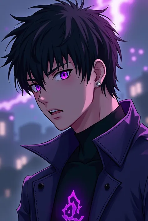 Create me an anime-style male superhero in which you can see his whole body, a teenager who possesses the powers of darkness and earthquakes,  have purple eyes ,  black hair , a cool style ,  and look serious  