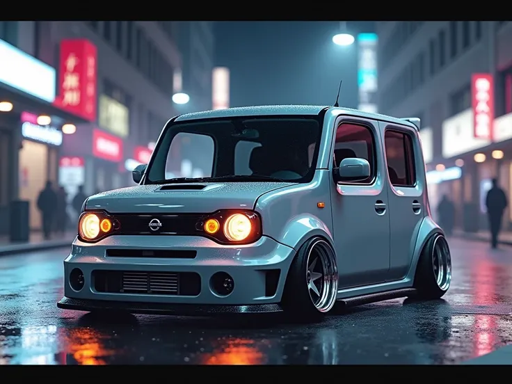 (8k,  top quality,  RAW Photo Star Piece : 1.2), (Photorealsitic:1.4), Nissan Cube Z12, gray car, polished wheels, racing tuning, slight wheel camber, street, megapolis, neon light, snowflakes in air, General View, 45 degree view, view from below angle, ve...