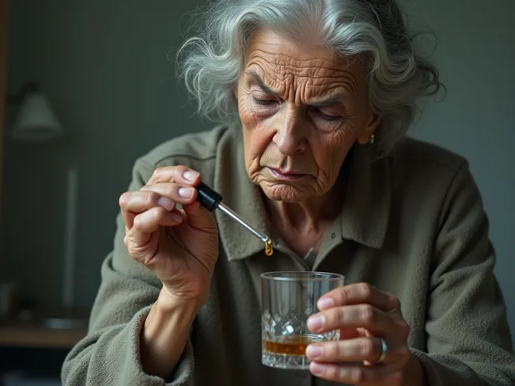 elderly woman with an extremely worried and somewhat pained face holding a glass and putting something in it with a dropper