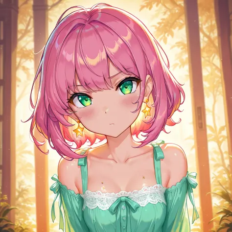 cool girl, solo, short hair, messy hair, shaggy hair, cyan hair with pink ends, green eyes, Blousedress with ribbon, ruffles and lace, medium chest, star shaped Pierced earrings, blush, flawless smooth skin, looking at viewer, (best quality,4k,8k,highres,m...