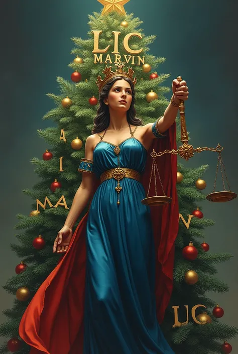 The Lady of Justice with the flag of the country of Guatemala and a Christmas tree in letters Lic Marvin de Leon.