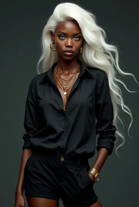 Woman, dark skin, African, long white hair pushed to one side, gold looped earrings, gold necklaces, black long sleeve shirt, big boobs, black shorts, black socks, black shoes, spaced out eyes, big lips, hollow cheeks, thin eyebrows, blue eyes, black skin 