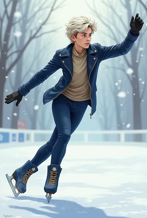  Draw a 28-year-old male young adult skater, platinum hair , young adult skater up to shoulder height Representative of the Harvard University Ice Skating Committee, Blue Eyes, Someone kind who plays tarot and speaks Portuguese  