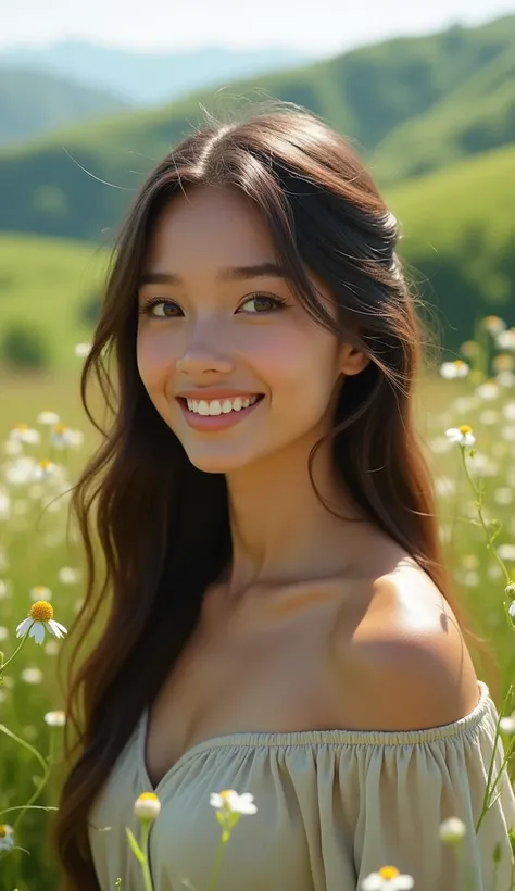 Beautiful girl with a beautiful smile, realistic looking at the beautiful green fields.