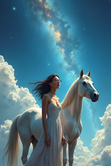 Beautiful woman with glasses、 dress、PhD、blue sky、universe、horse