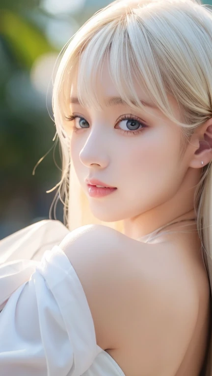 Original photo、(((Extreme beauty portrait)))、(( Shining White Skin ))、 1 girl、  cute beautiful girl in the world、((shiny light natural platinum blonde hair))、[very bright bright light blue eyes ]、Silky fine hair、Long straight blond hair 、 eyeliner 、bangs、h...