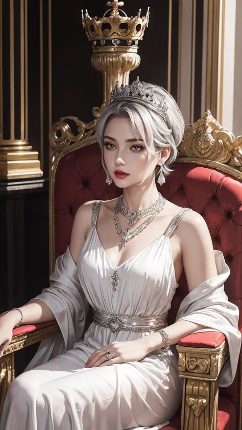 a beautiful woman wearing silver dress and crown sitting onthrone in palace, jewelry, necklace, crown, dress, sitting, earrings, White loose dress, ring, cross, grey eyes, white short undercut hair, Red Lipstick 