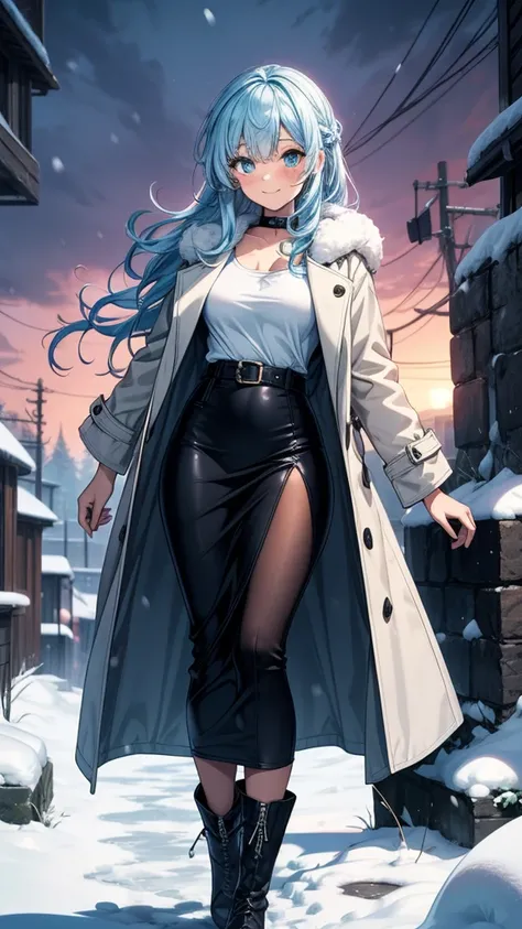 ((masterpiece, best quality:1.3, high detail)), beautiful woman looking at viewer, smile, blush, long wavy hair, (light blue hair), hairpin, bright blue eyes, dark blue, (long white coat), (blue maxi pencil (skirt)), ((long blue skirt)), belt, boots, colla...