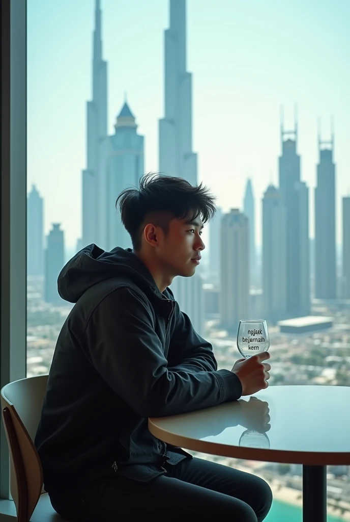  A smooth-faced 24-year-old Korean young man wearing a black hiking jacket and black jeans with spiky hair, the man is sitting on a table holding a glass Arkylic inscribed  
"Ngakak Berjamaah Keren " ,  The background shows a magnificent glass-walled room ...