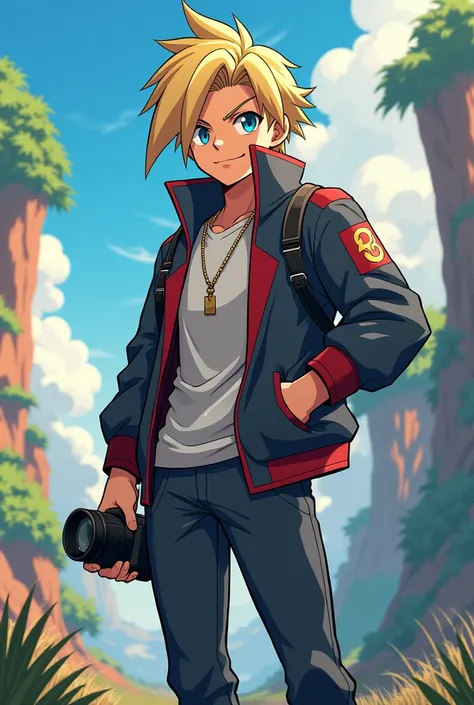 Blonde male photographer in an arrogant and confident pose with anime design and Pokémon trainer 