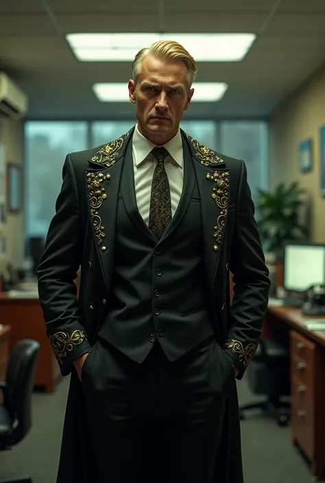 49-year-old white-skinned green-eyed mafiosso man with tall blond hair is wearing a costume in the background of an office 