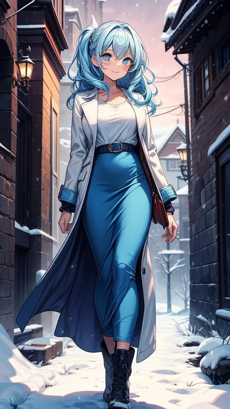 ((masterpiece, best quality:1.3, high detail)), beautiful woman looking at viewer, smile, blush, long wavy hair, (light blue hair), hairpin, bright blue eyes, dark blue, (long white coat), (blue maxi pencil ((skirt))), (((long blue skirt))), belt, boots, c...