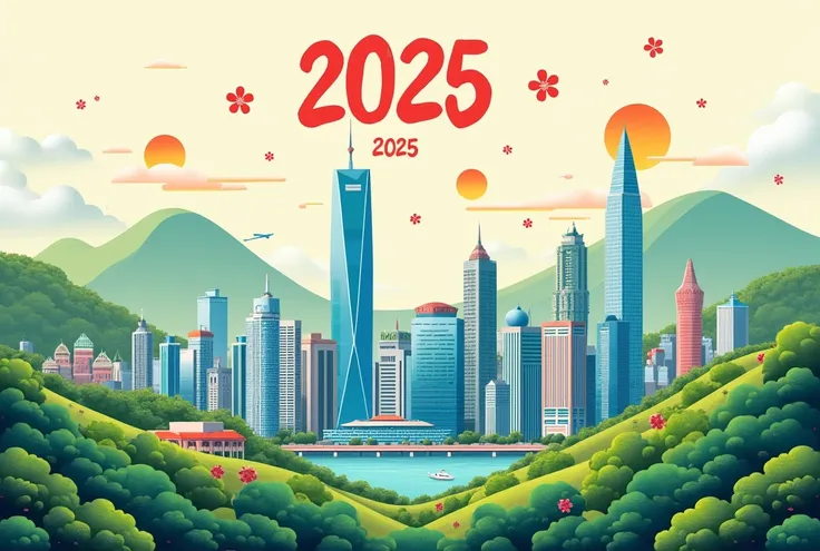  Please design the cover of the 2025 calendar card，theme： Hong Kong Background ，2025 Pattern ， Uses light colors ， Hopeful and purposeful feeling 