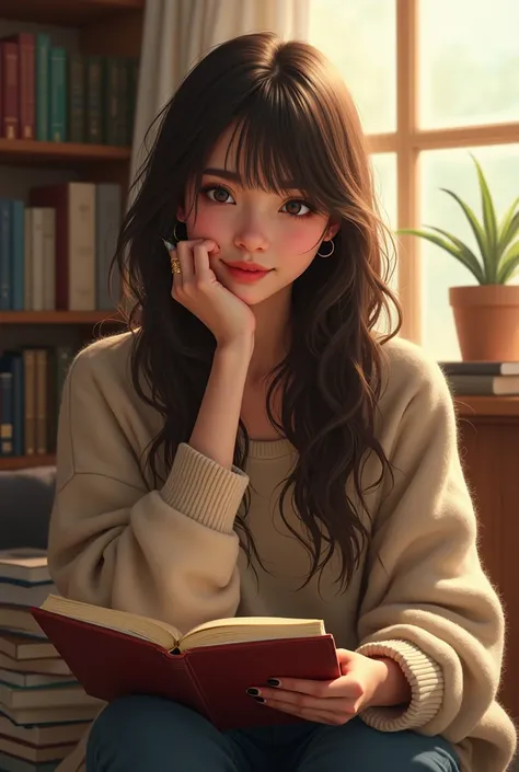 A portrait of a young woman with a shy and introverted demeanor, sitting in a cozy room filled with books and sketchpads. She has long, flowing hair and is wearing a comfy sweater. The lighting is soft and warm, casting a gentle glow on her face. She’s hol...