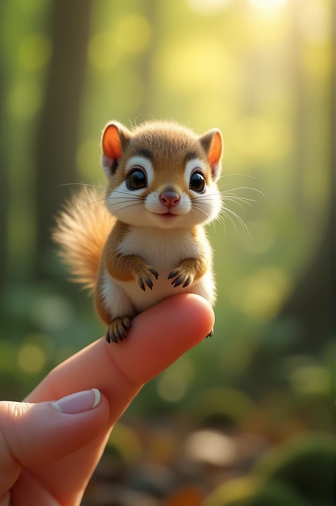 An ultra-realistic, impossibly tiny baby squirrel, with fluffy fur and delicate paws, perched on a human finger. Its tiny, round eyes gleam with playful curiosity, and its bushy tail is wrapped gently around its body. The scene is set in a sunlit forest wi...