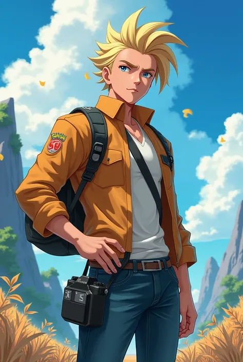 Blonde male photographer in an arrogant and confident pose with anime design and Pokémon trainer 