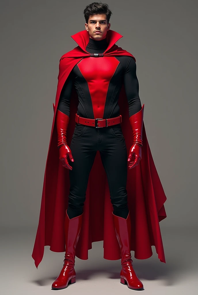 *José changed his clothes with his magic , Now hes wearing full black clothes and a red sleeveless t-shirt and long red boots and a red cape that covers his chest and long red gloves*