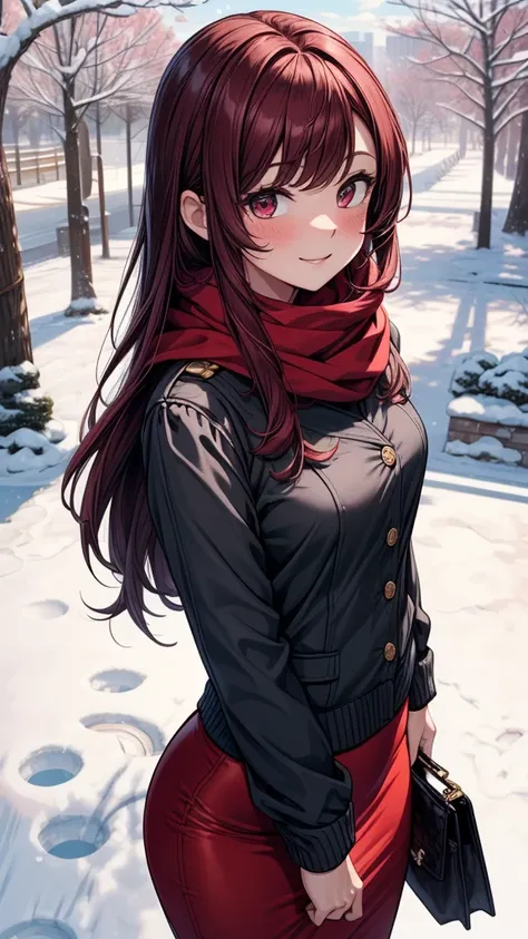 ((masterpiece, best quality:1.3, high detail)), beautiful woman, smile, looking at viewer, long hair, (maroon hair), solo focus, one person only, full-face blush, (brown jacket, white blouse, red scarf, (long red pencil ((skirt))), boots, outdoors, (cloudy...