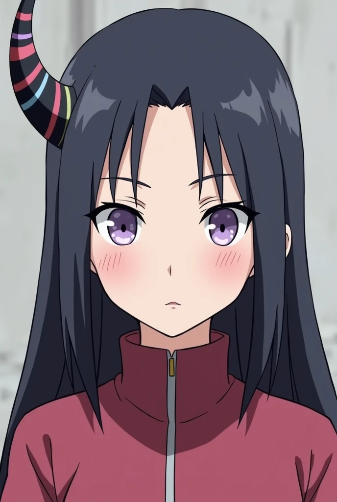 Create the character Hinata Hyuga from Naruto with the trait of Boku no hero ,  make a medium-sized black horn on the left side of your head,  with colorful details . She has very clear lilac eyes, almost white.