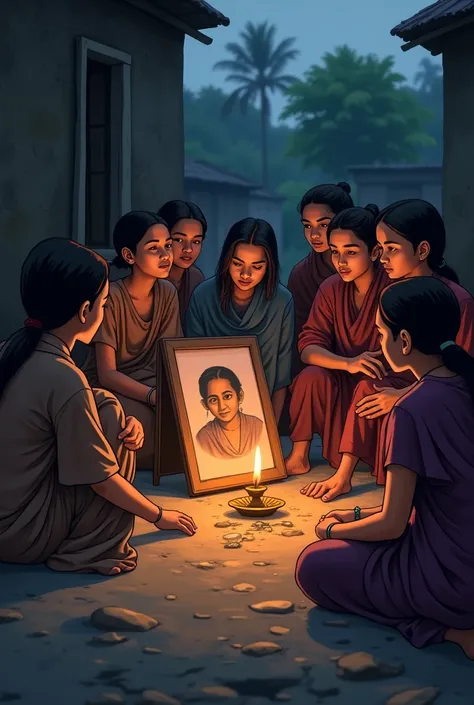 "A solemn scene depicting a rural household mourning the passing of a mother. Her photograph is placed near an oil lamp, with villagers gathered around in silence. The atmosphere is heavy with grief, but the legacy of her love and sacrifices remains deeply...