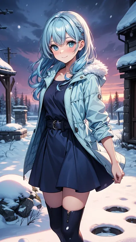 ((masterpiece, best quality:1.3, high detail)), beautiful woman looking at viewer, smile, blush, long wavy hair, (light blue hair), hairpin, bright blue eyes, dark blue, (long white coat), (((long blue skirt))), belt, boots, collarbone, ((atmospheric)), st...