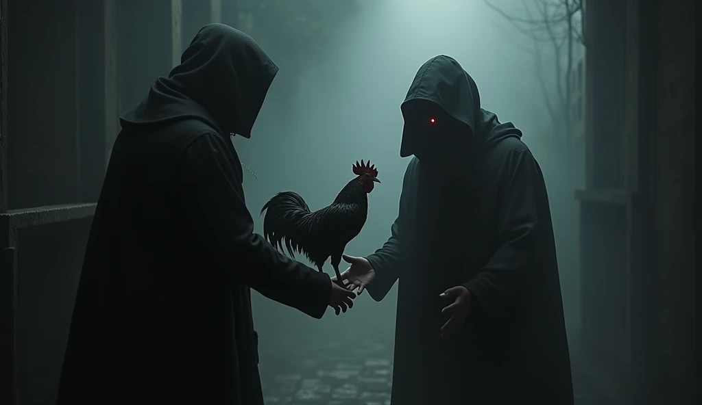 The delivery of the black rooster :  A dark and tense scene in which a mysterious man hands a black rooster with red eyes to Arturo Morales. The background should be dark,  with the presence of fog or shadow ,  highlighting the disturbing atmosphere .