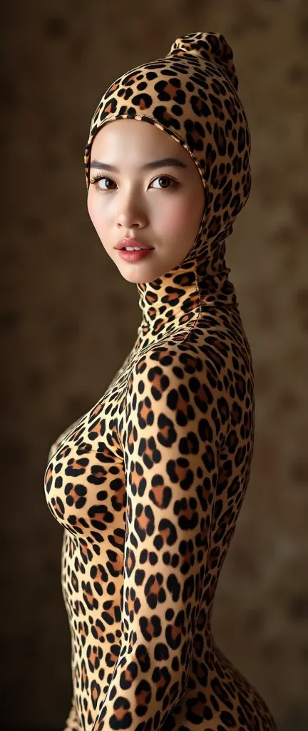 Twenty three years old most beautiful and thinest Asian Chinese or Taiwan woman girl with a most beautiful cheeks wears clever cheetah print lycra zentai turtleneck unitard catsuit covered with spots.She always wear clever cheetah print lycra inner hood-li...