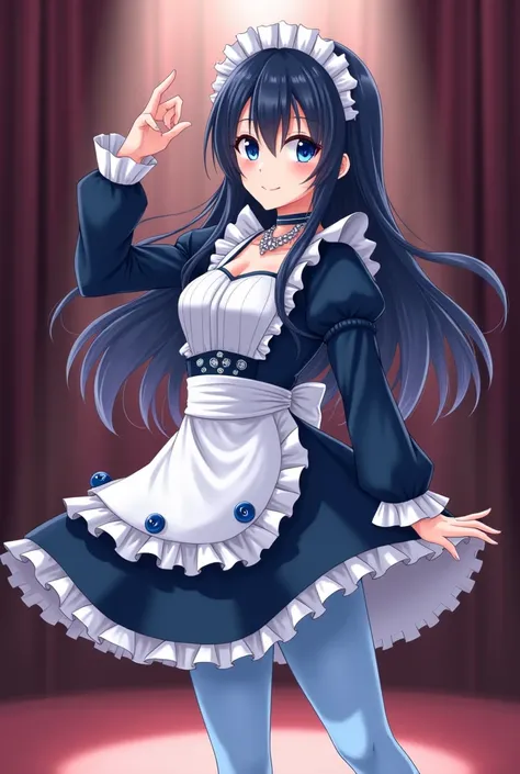 (Masterpiece, Anime Style, Best quality) 2D illustration, professional work, trending on pixiv, Japanese Idol anime, Perfect fingers, perfect arms. posing sensually. hot girl, dancing. alone on a stage. full body. dark blue hair. long and lush hair. bunche...