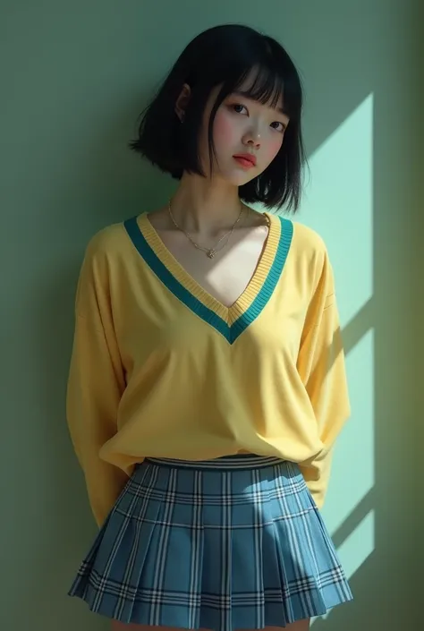 ( highest image quality taken by Ki）,（background）,(beautiful  8K、 real image:1.3), (sexy:1.3),( real skin texture deep into the night:1.3), ( Film Grain:1.3),
( lemon yellow sweater with teal v-neck detail )、(Blue plaid pleated skirt )、( Black lightweight ...