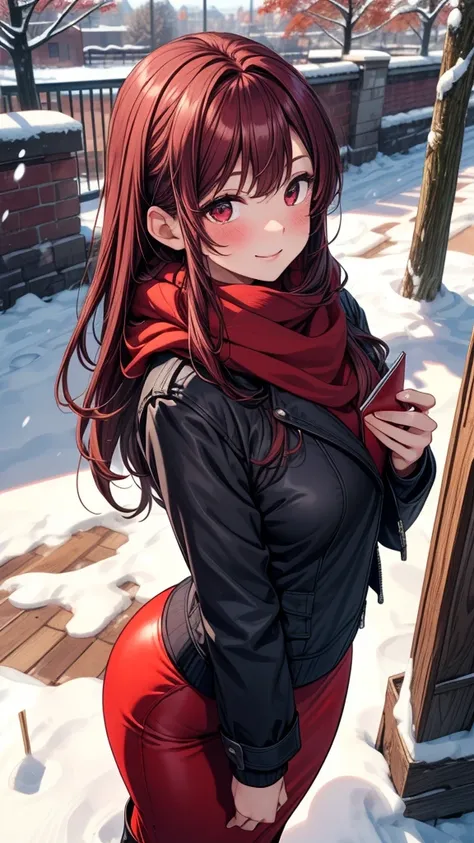 ((masterpiece, best quality:1.3, high detail)), beautiful woman, smile, looking at viewer, long hair, (maroon hair), solo focus, one person only, full-face blush, (brown jacket, white blouse, red scarf, (long red pencil ((skirt))), boots, outdoors, (cloudy...