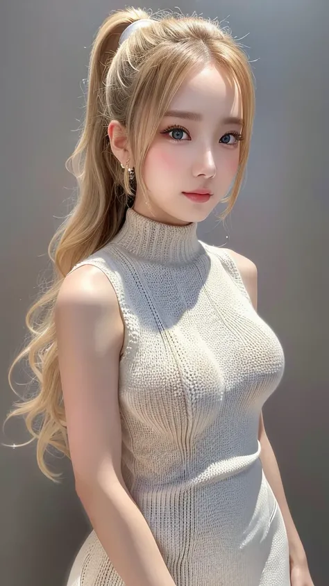 (((high ponytail:1.0)))、Curly Hair、Blonde Hair:2.0、forward hands、((high neck sleeveless knitted dress:1.2), (improve:1.2)、Big Breasts)、forehead、round face:2.0、cowboy shot:2.0、upper body:2.0、Extreme pose、Waist-length hair、Northern Europe:1.0、beautiful girl、...