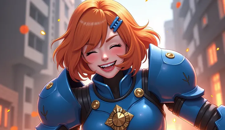 Masterpiece, best quality, Gwendolyn_tennyson, short orange hair, sideswept bangs, blue hairclip, laughing, blue body armor