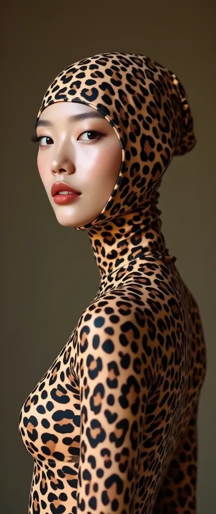 Twenty three years old most beautiful and thinest Asian Chinese or Taiwan woman girl with a most beautiful cheeks wears clever cheetah print lycra zentai turtleneck unitard catsuit covered with spots.She always wear clever cheetah print lycra inner hood-li...