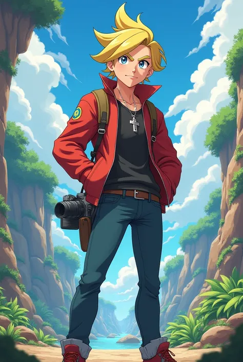 Blonde male photographer in an arrogant and confident pose with anime design and Pokémon trainer 