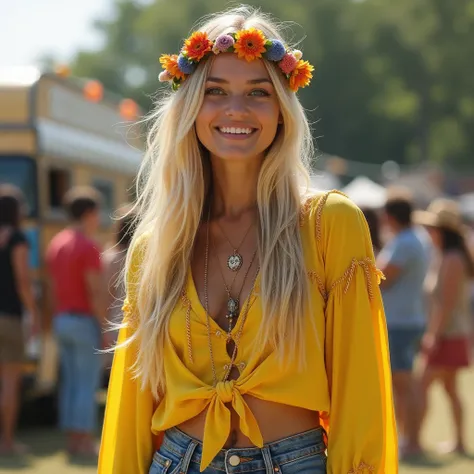  Hyperrealistic close-up photo of 20 years old Maria Bello , dressed in a yellow-yellow peasant blouse combined with bell jeans and fringed accessories . She wears a headband or crown of flowers in her long hair..,  loose hair clothing.  The stage is a boh...